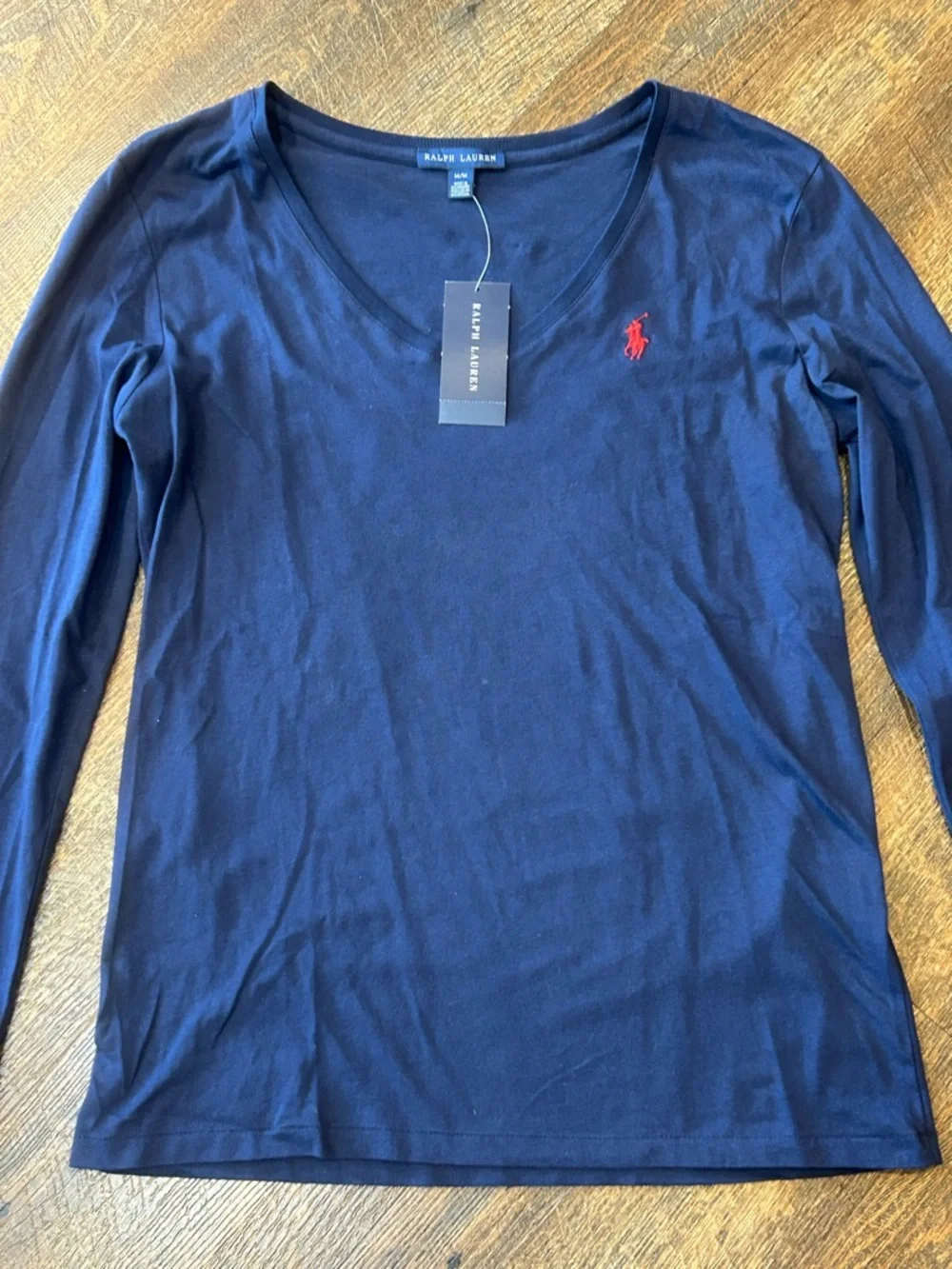 Ralph Lauren Navy Long Sleeve V-Neck Tee with Red Pony - Picture 3 of 6